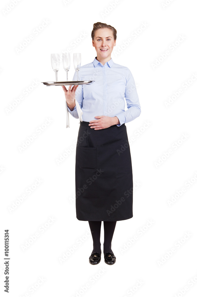 Woman in waiter uniform holding tray with glasses, smiling, isol Woman in waiter uniform holding tray with glasses, smiling, isol