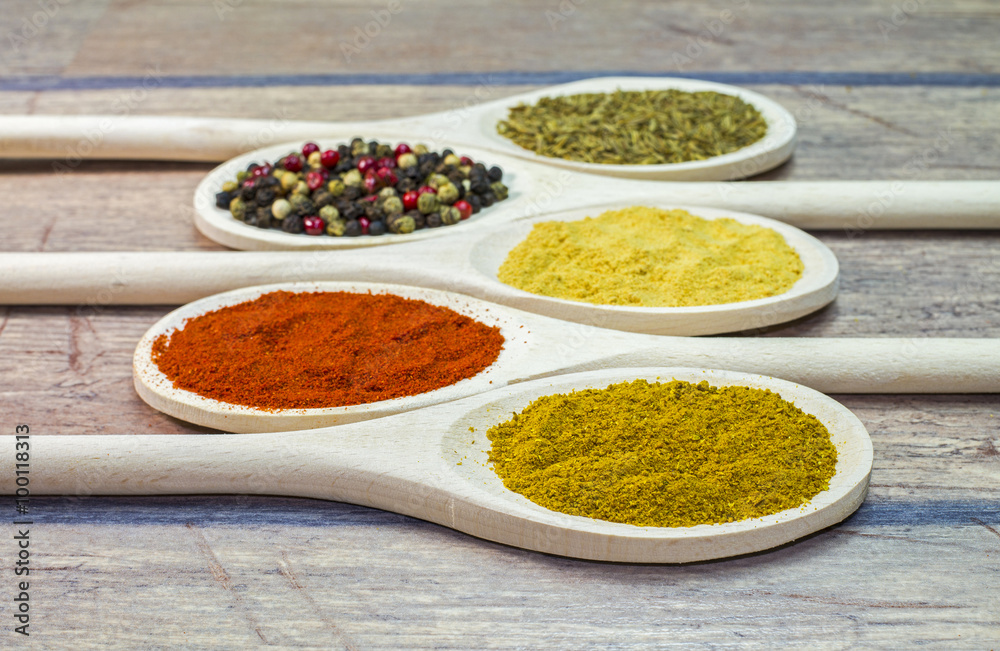 Spices on wooden spoon