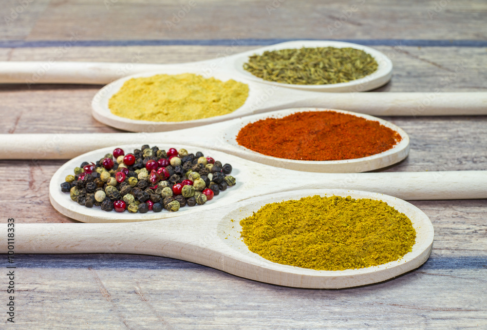 Spices on wooden spoon