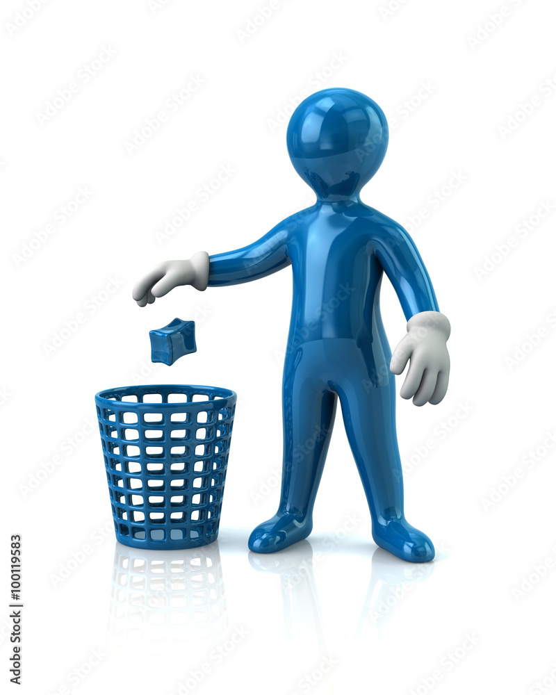 Blue man throwing garbage in a trash can Blue man throwing garbage in a trash can