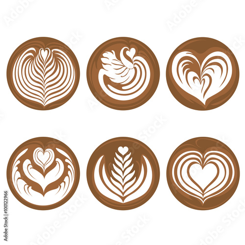 Coffee Latte Art Logo Icon Rosetta, Swan, Heart, Tulip, Tree Set
