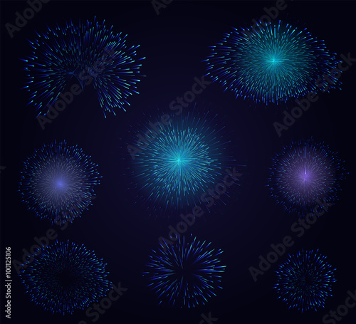 Set light blue fireworks on dark background. Night sky with star