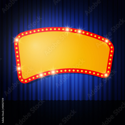 Shining retro casino banner on stage curtain