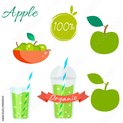 Green apple fruit and juice cup to go vector set. Apple fruit with leaf in bowl. Apple logo. Apple juice or jam branding set. Apple silhouette for package. Organic apple.