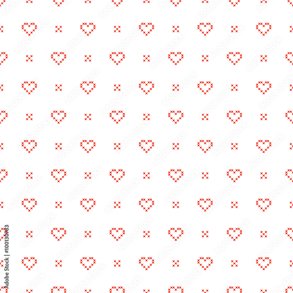 Naklejka premium Cross stitch hearts seamless vector pattern. Red romantic embroidery folk design.