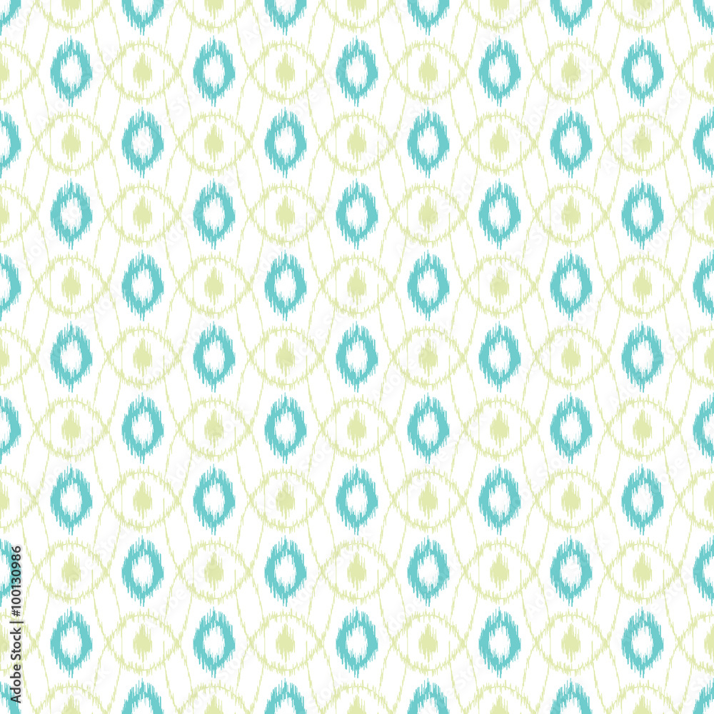 Ikat seamless vector pattern. Abstract geometric oval blue and green shapes background. Ikat seamless vector pattern. Abstract geometric oval blue and green shapes background.