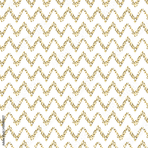 Golden mosaic chevron abstract seamless vector pattern. Yellow tinsel zig zag lines.