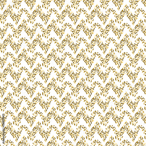 Golden mosaic waved abstract seamless vector pattern. Yellow tinsel tiles.