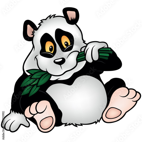Fototapeta Naklejka Na Ścianę i Meble -  Panda Bear with Bamboo Branch - Colored Cartoon Illustration, Vector