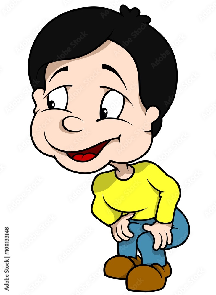 Boy Squatting - Cartoon Illustration, Vector