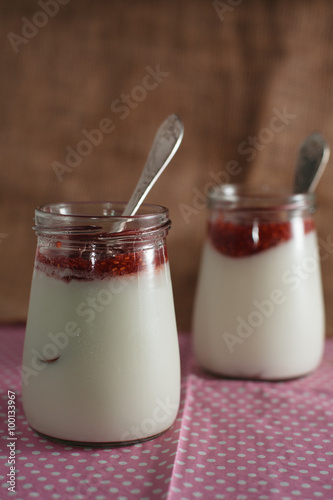 Panna cotta with raspberry jam.