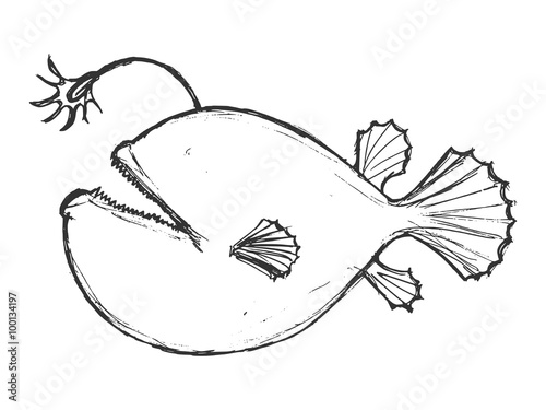 hand drawn, grunge, sketch illustration of deep-sea fish