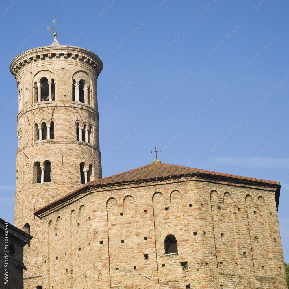 Italy. Ravenna. Duomo round bell tower and Neonian Baptistery