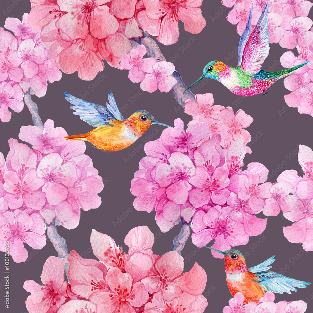 seamless pattern,rose flowers, hummingbirds .watercolor illustration