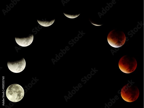 Set of 9 different phases of a total lunar eclipse