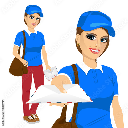 attractive post woman in blue shirt uniform delivering mail with brown leather bag