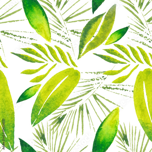Exotic tropical leaves. Seamless, hand painted, watercolor pattern. Vector background.