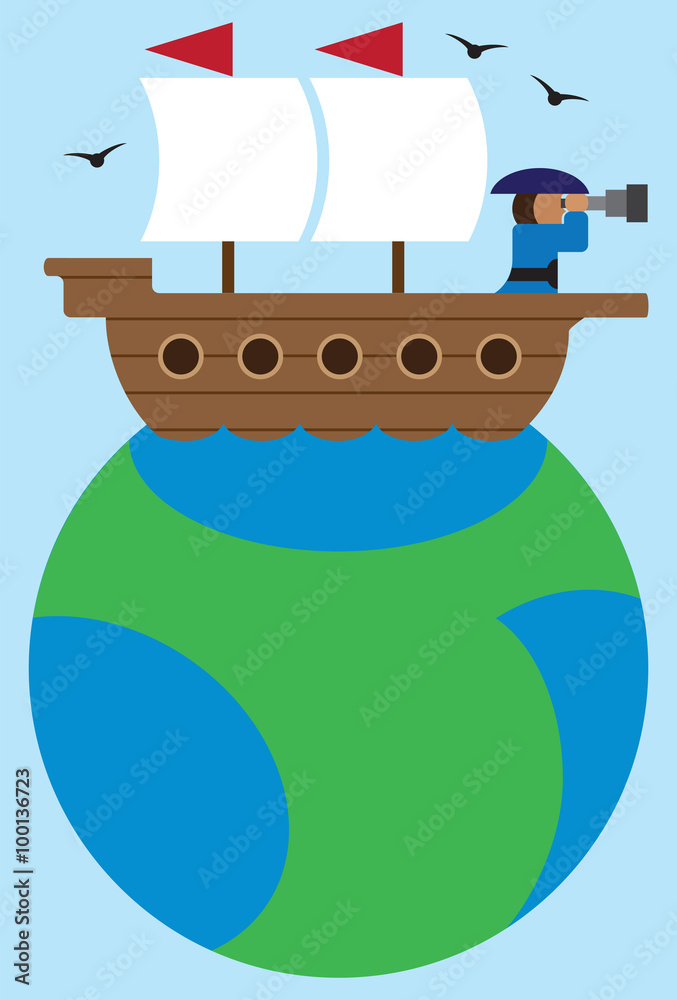 Cartoon captain of old time sailing ship exploring horizon with