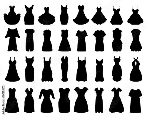 Black silhouettes of cocktail dresses, vector