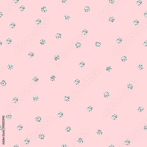 Silver shimmer glitter polka dot pink seamless pattern. Vector foil abstract circles texture. Sparkle balls background.