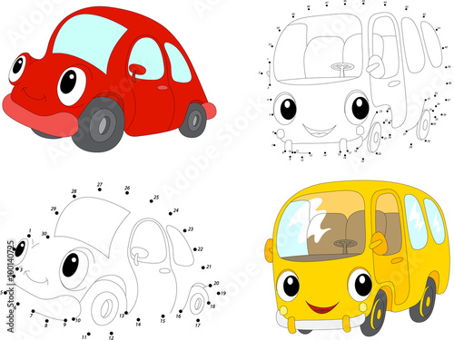 Cartoon red car and yellow bus. Vector illustration. Dot to dot photo