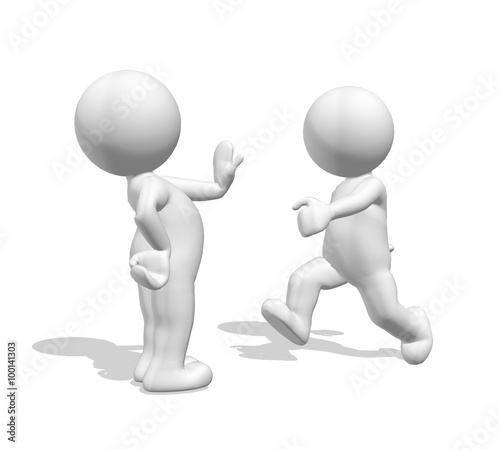 3d small people in stopping pose. 3d image. White background.