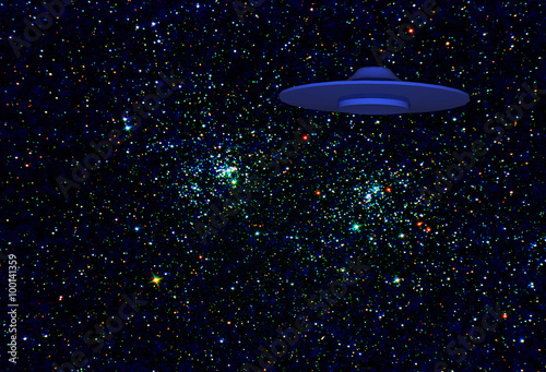 rendered illustration of an alien flying saucer with a background of an astronomical image that I took