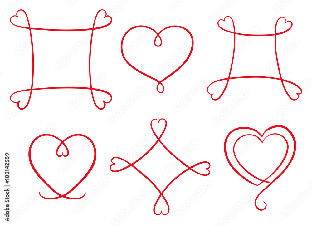 Hand drawn red frames with heart shape. Set of line copy spaces. Vector decorative design elements. Happy valentine day background. 