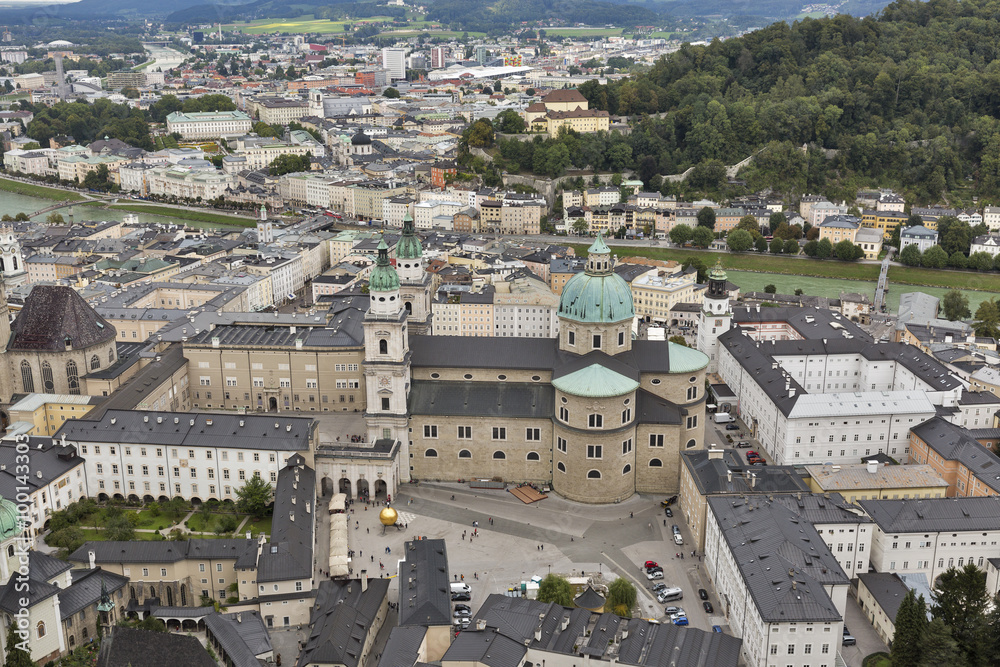 Aerial view over Salzburg city center, Austria