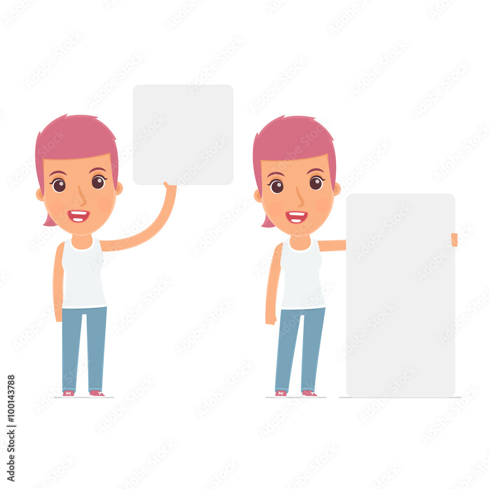Funny Character Blogger Girl holds and interacts with blank form Funny Character Blogger Girl holds and interacts with blank form