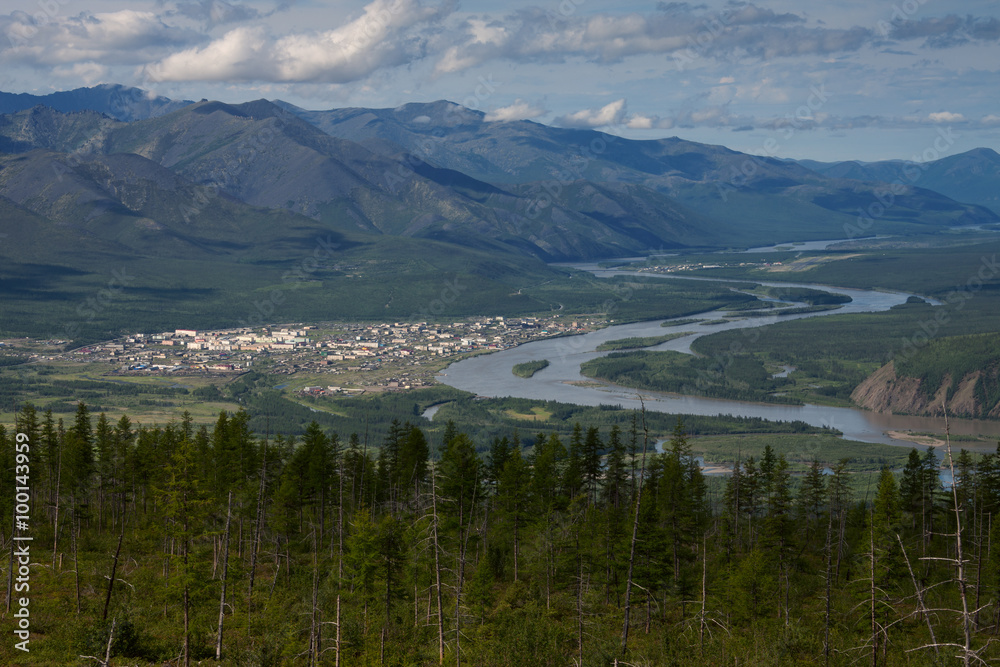 Aerial view of the village of Ust-Nera and the river Indigirka. Yakutia. Russia.