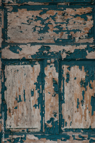 Details of peeling paint on an old green door  vertical image