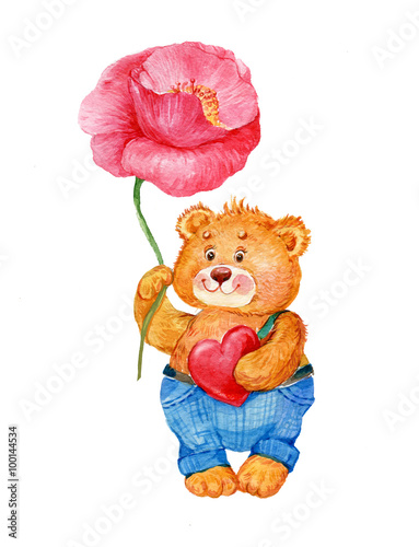 postcard for Valentine's day. Little Teddy bear with a flower and a heart.Watercolor illustration