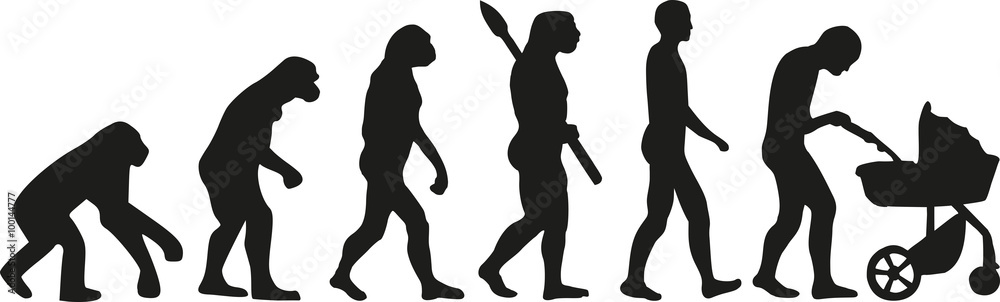Evolution father with baby buggy Evolution father with baby buggy