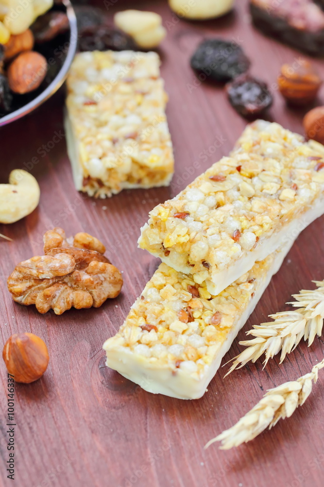 Cereal bars of granola with nuts and raisins