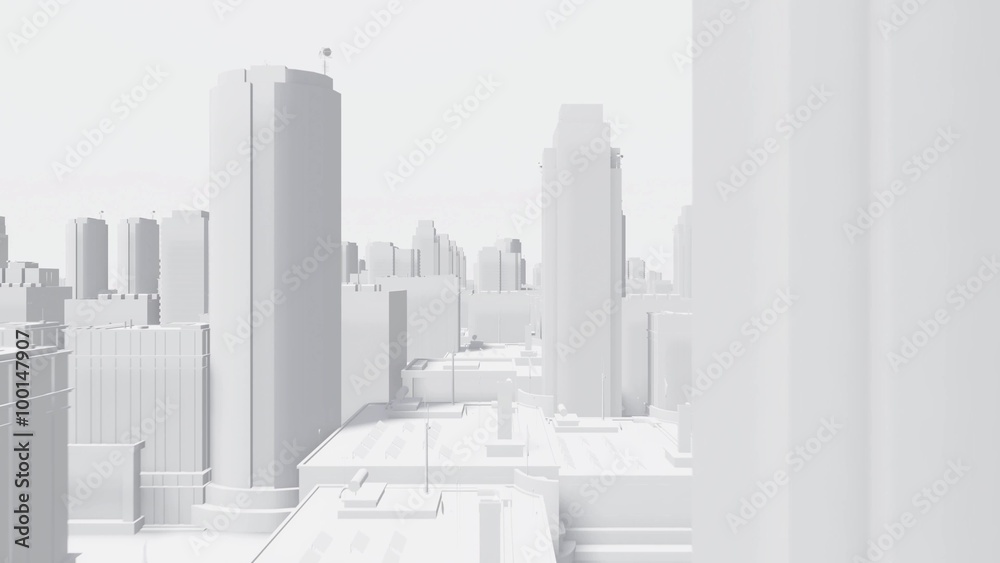 camera fly through an abstract city buildings with different height