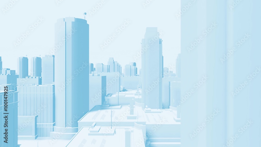 camera fly through an abstract city buildings with different height