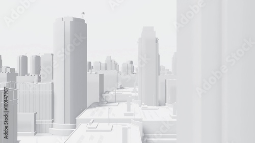 camera fly through an abstract city buildings with different height
