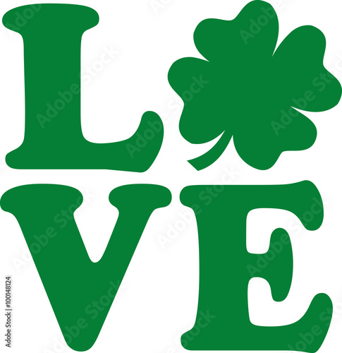 Love text with four-leaf clover