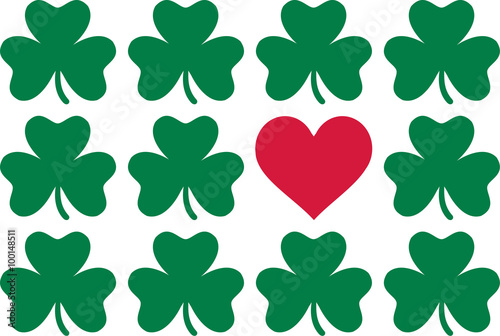 Clover pattern with one red heart - St. Patrick's Day love