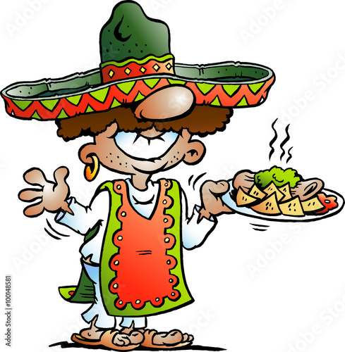 Vector Cartoon illustration of a Happy Mexican standing with some Tarco Food