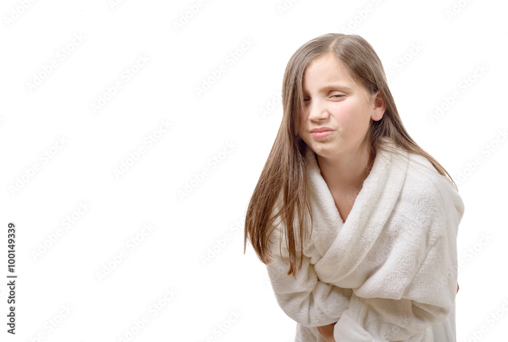 girl has a stomachache, isolated on white background girl has a stomachache, isolated on white background