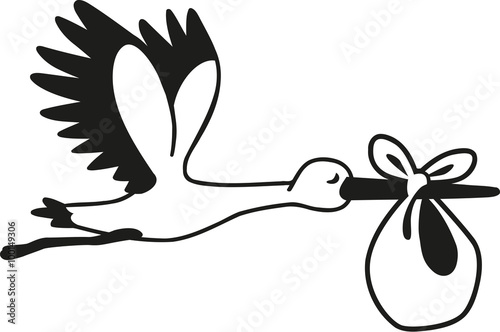 Flying cartoon stork with baby