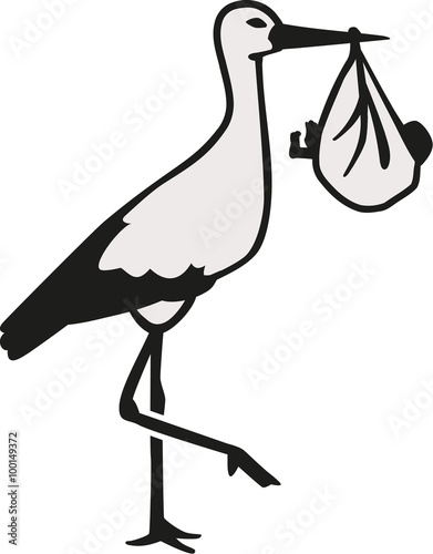 Stork standing on one leg with a baby bag