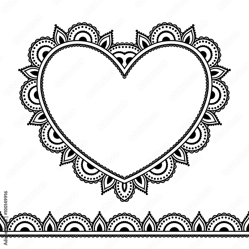 Vector henna seamless borders and heart in mehndi style. Vector henna seamless borders and heart in mehndi style.