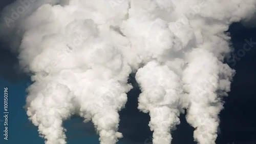 Reverse fast motion with time lapse effect of smoke or steam on blue background. Dramatic view of  four columns from red stacks. Dioxide carbon, exhausting with industry chimneys in atmosphere.