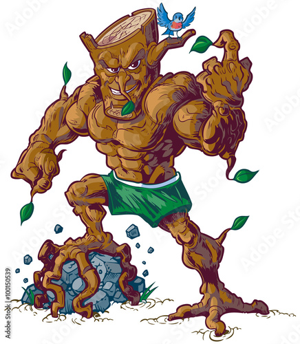 Muscular Tree Mascot Crushing Rock Vector Illustration