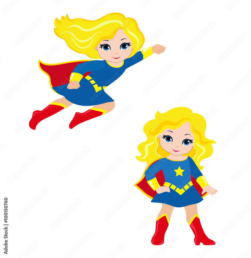 Cute Girl superhero in flight and in standing position.Vector illustration isolated on white background. Cute Girl superhero in flight and in standing position.Vector illustration isolated on white background.