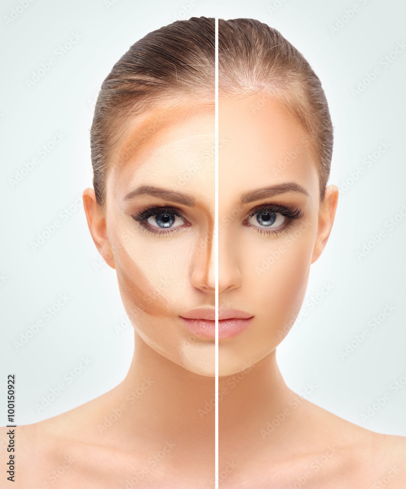 Contouring.Make up woman face. Contour and highlight makeup. - obrazy, fototapety, plakaty 