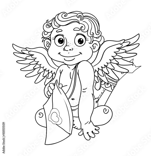 Cupid with love letter outline for coloring